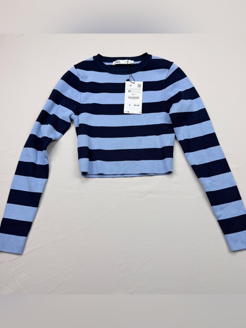 Zara Light Blue & Navy Striped Cropped Crewneck Sweater